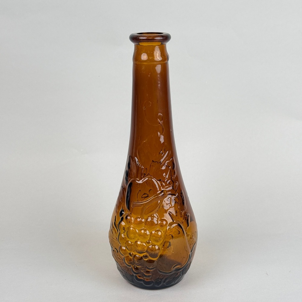 Vintage Amber Glass Wine Bottle Decanter Grape Vine Embossed 11.5" No Stopper
